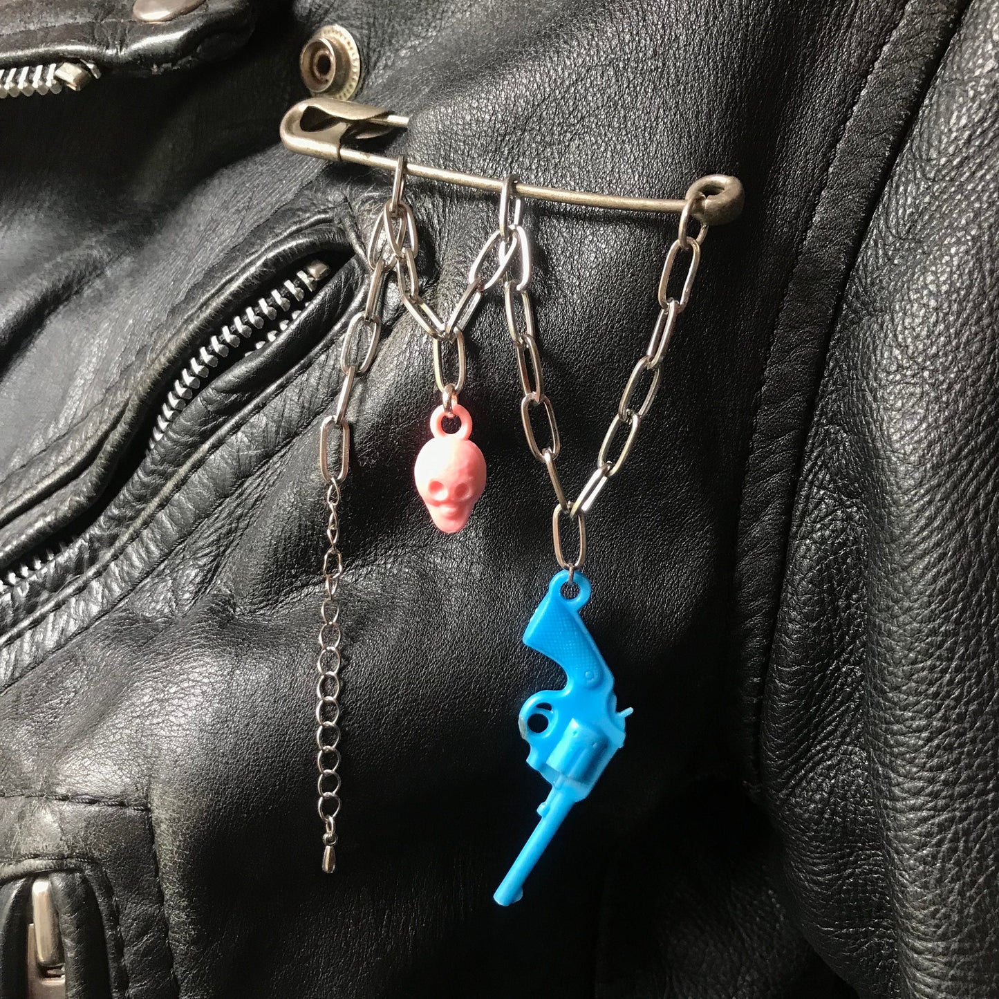 Handmade Punk Safety Pin & Cracker Jack Charm Brooch
