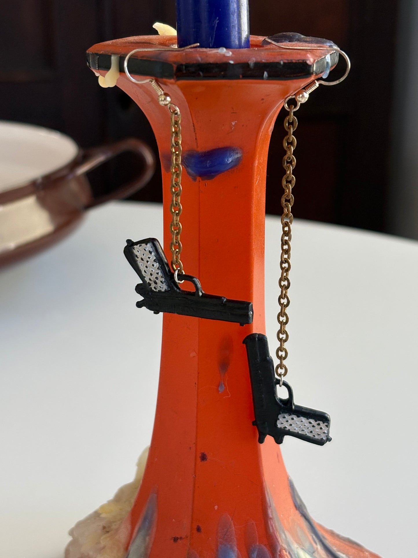 Cracker Jack Prize Pistol & Chain Earrings