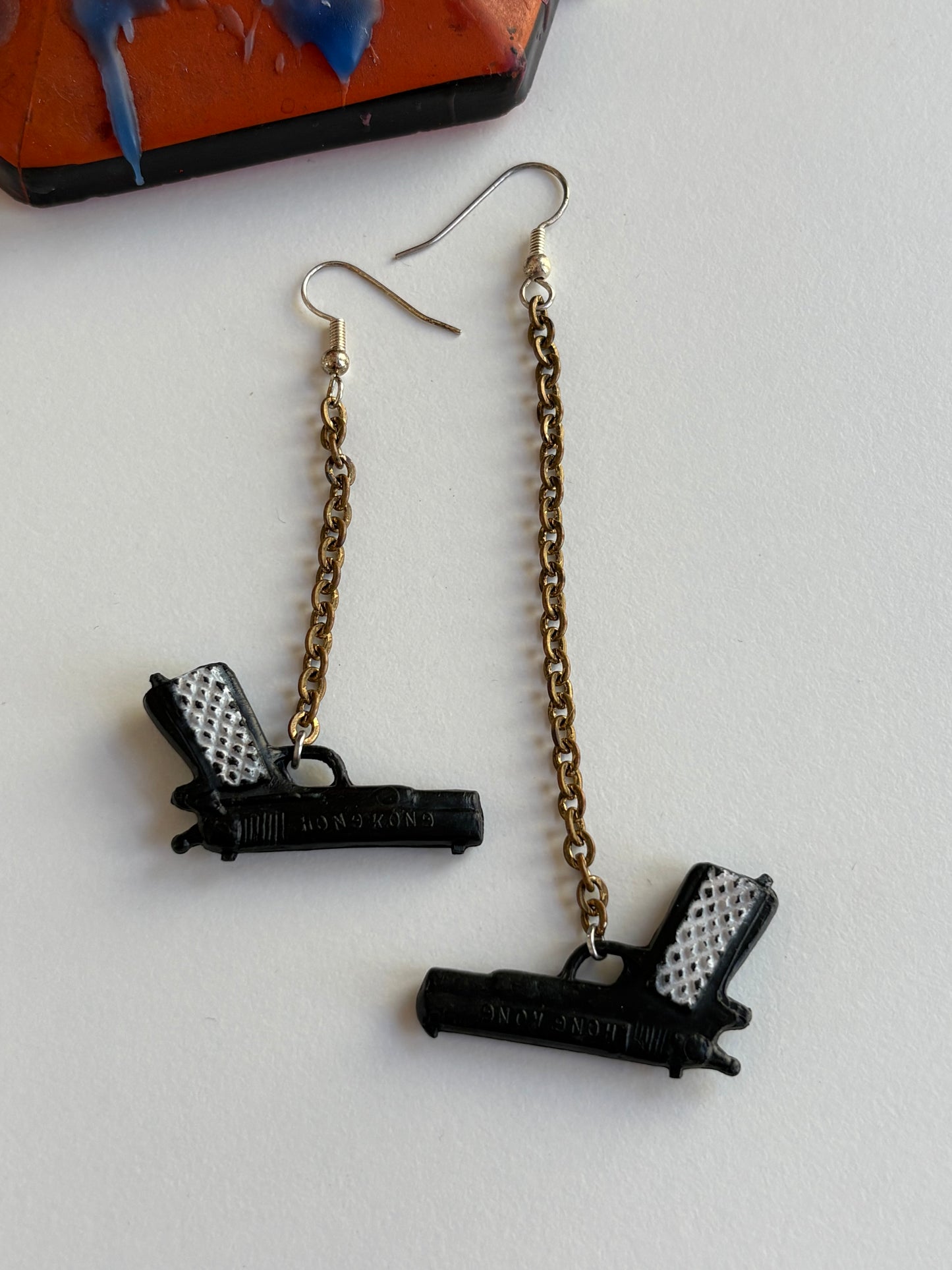 Cracker Jack Prize Pistol & Chain Earrings