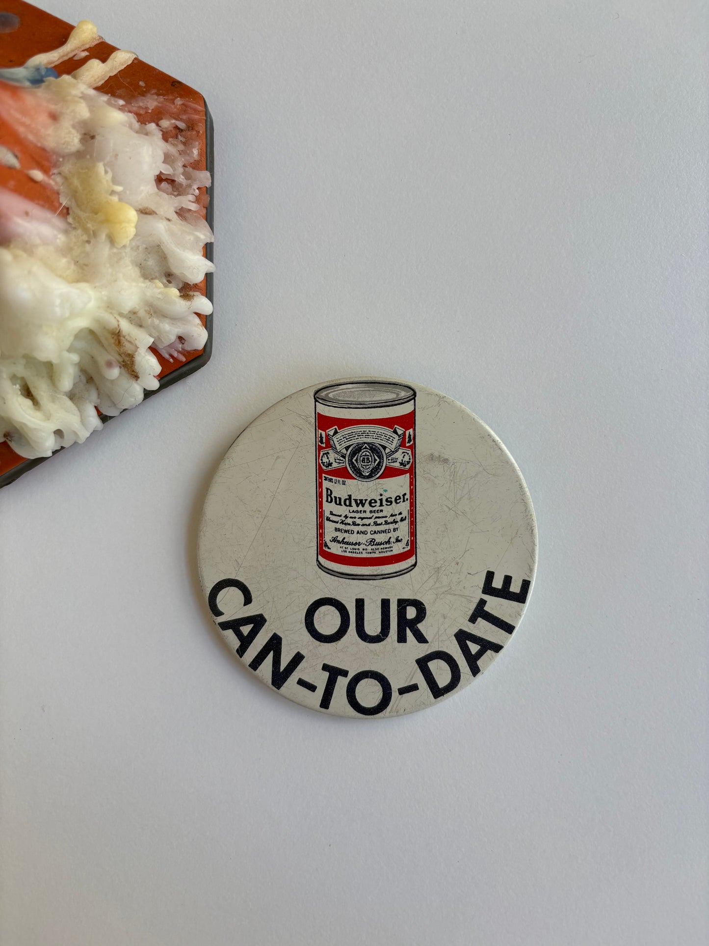 Vintage Budweiser “Our Can-to-Date” Pinback Button 3”