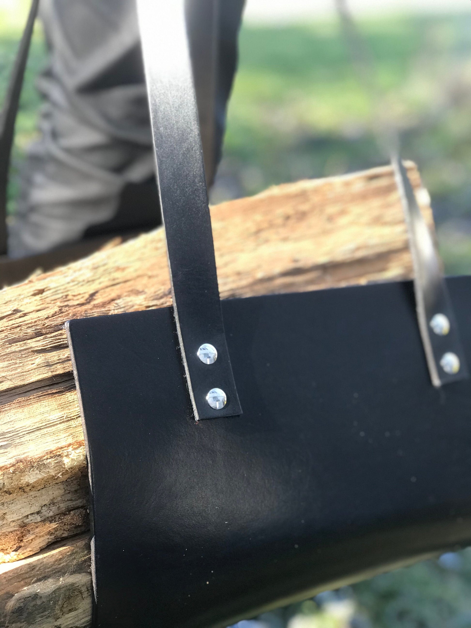 Handmade Black Leather Firewood Carrier