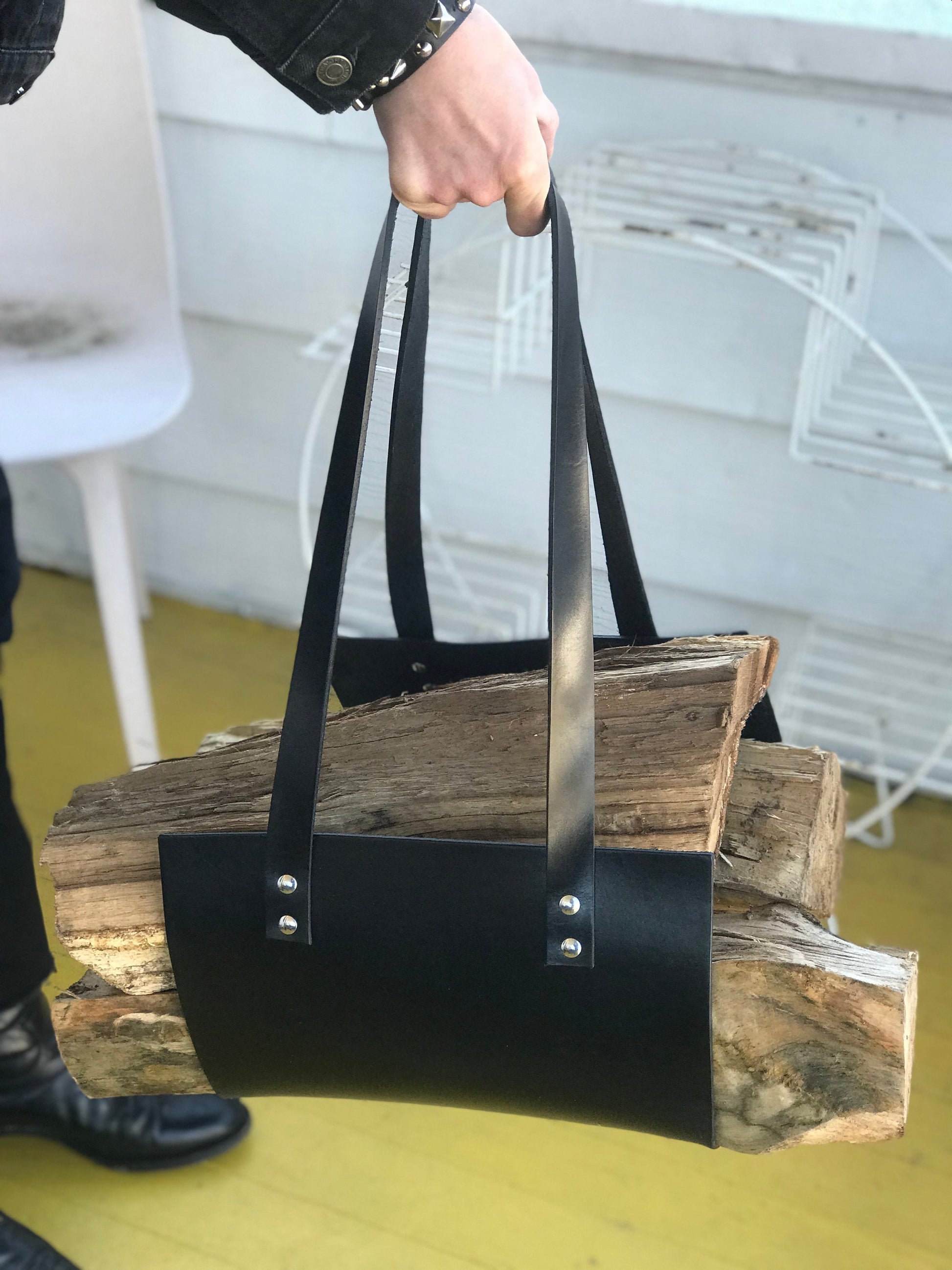 Handmade Black Leather Firewood Carrier